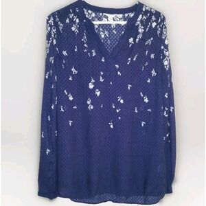CASLON Boho Navy Floral VNeck Pullover Blouse Top Shirt Long Sleeve Size S‎